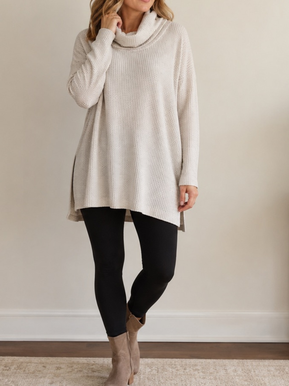LOFT Cream Long Sleeve Waffle Cowl Neck Knit Tunic XL